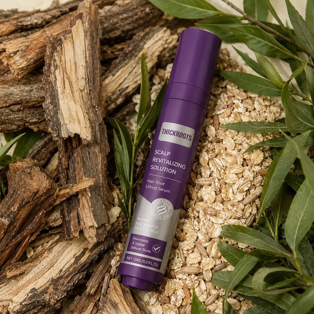 THICKROOT serum bottle with botanicals