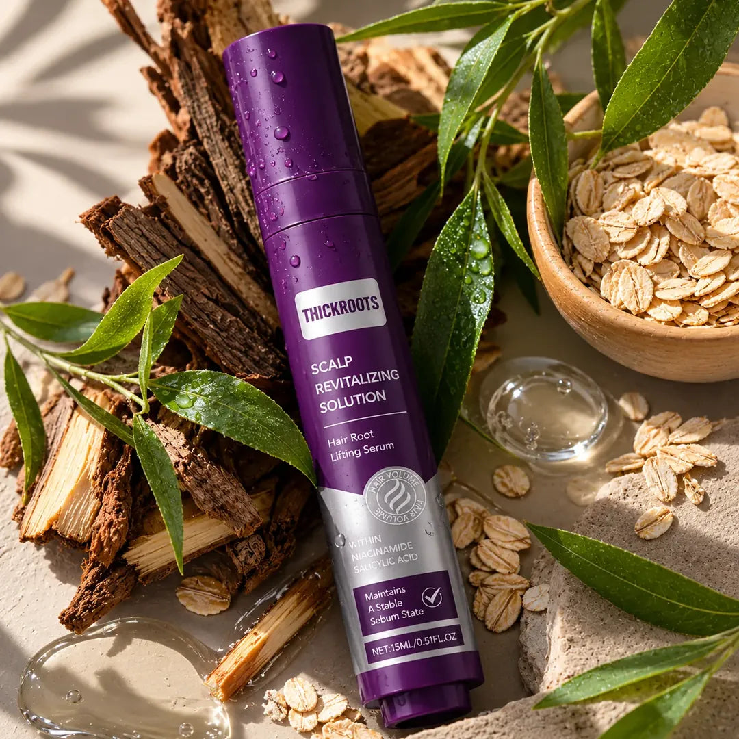 THICKROOT serum bottle in a botanical setting