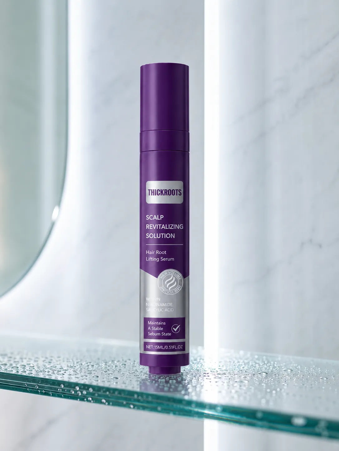 THICKROOT serum in a clean bathroom shelf routine