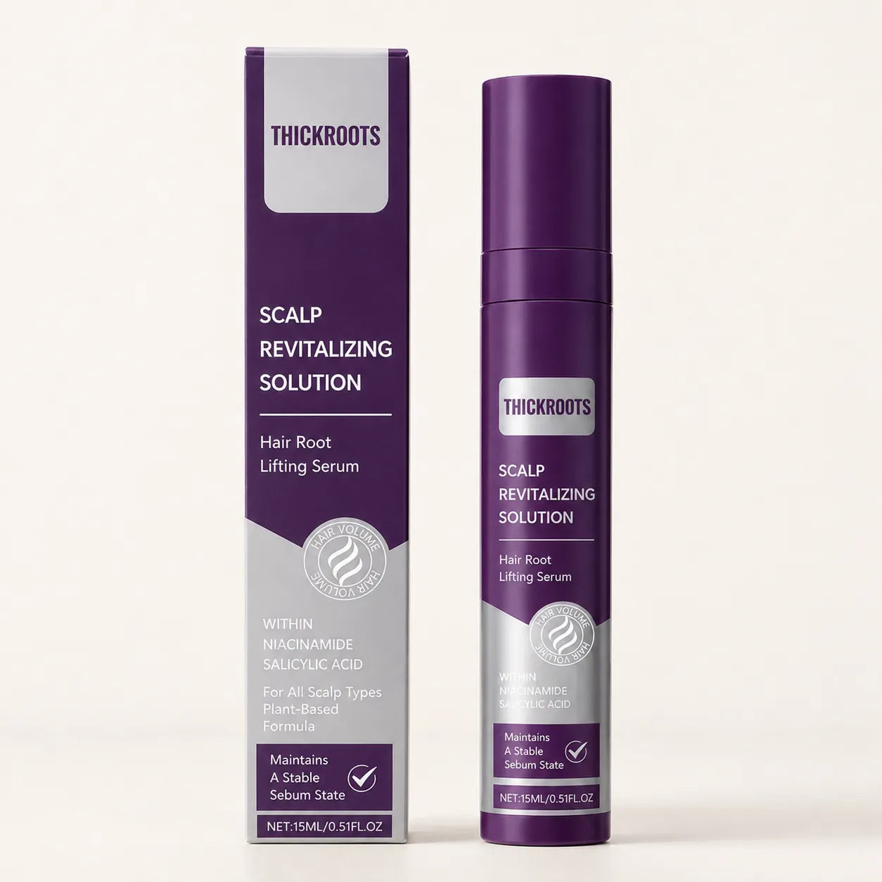 THICKROOT bottle and box as a premium cosmetic scalp routine