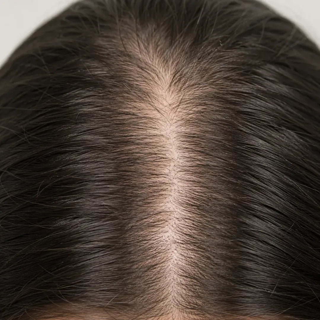 Top-down view of a hair part along the scalp