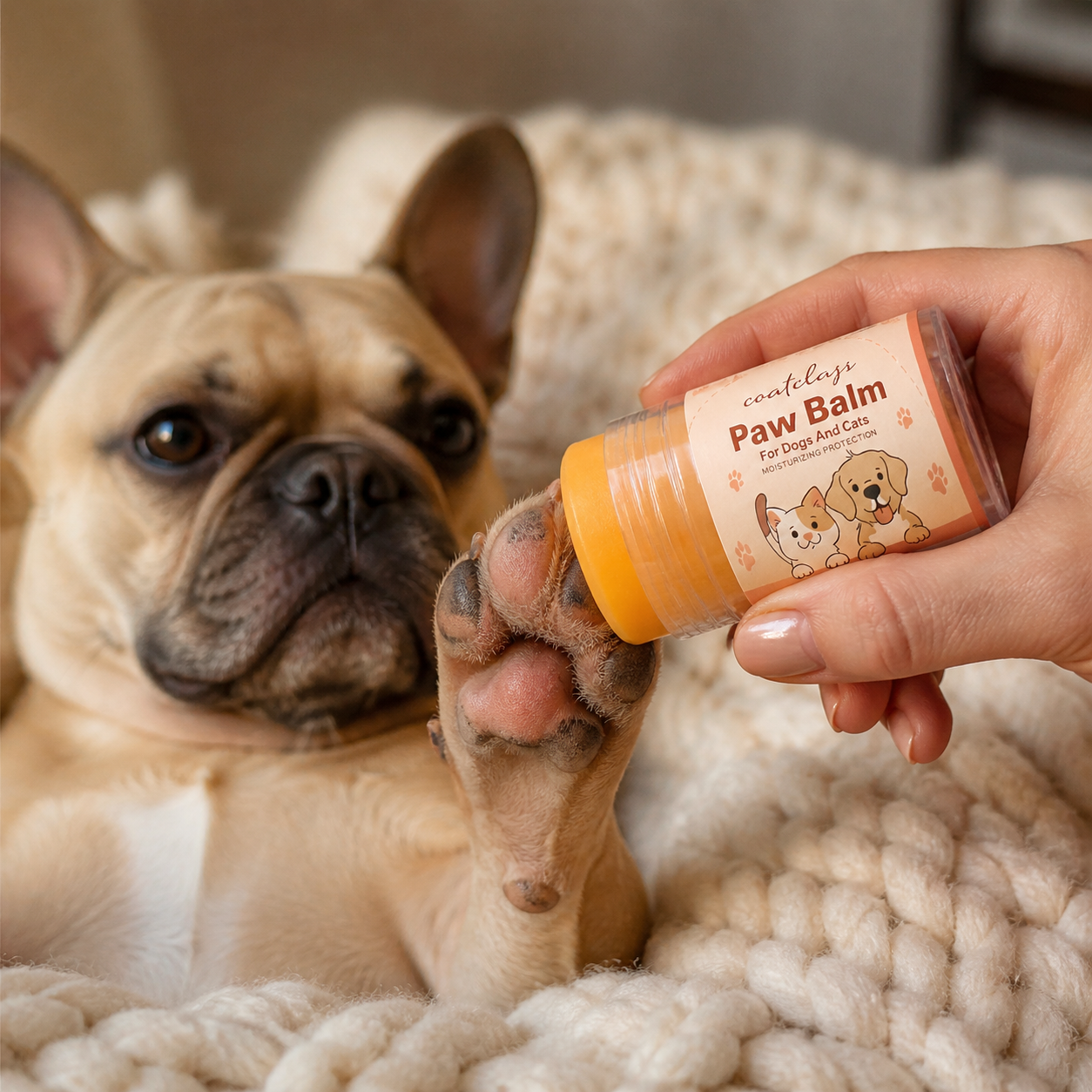 Velvet Touch paw balm stick applied to French Bulldog paw